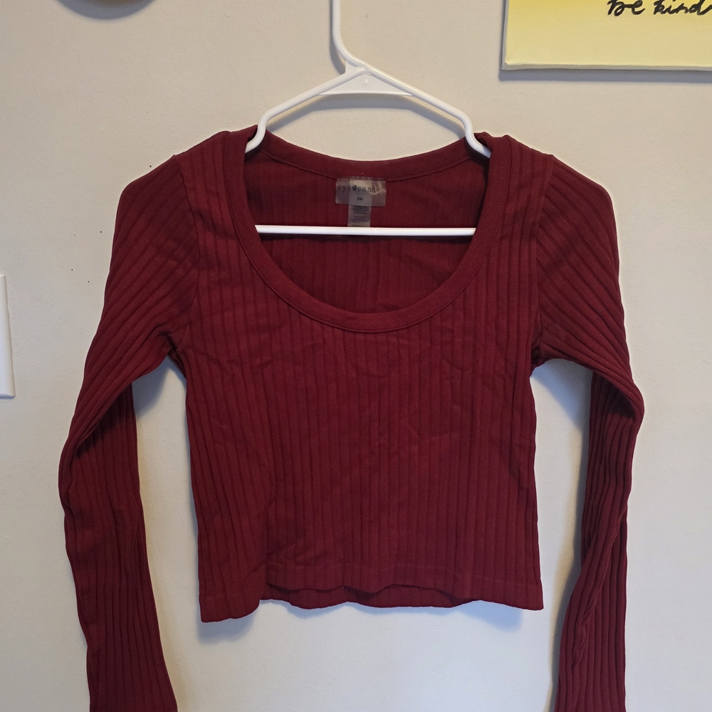 Eye Candy Ribbed Long Sleeve Top - Deep Red
